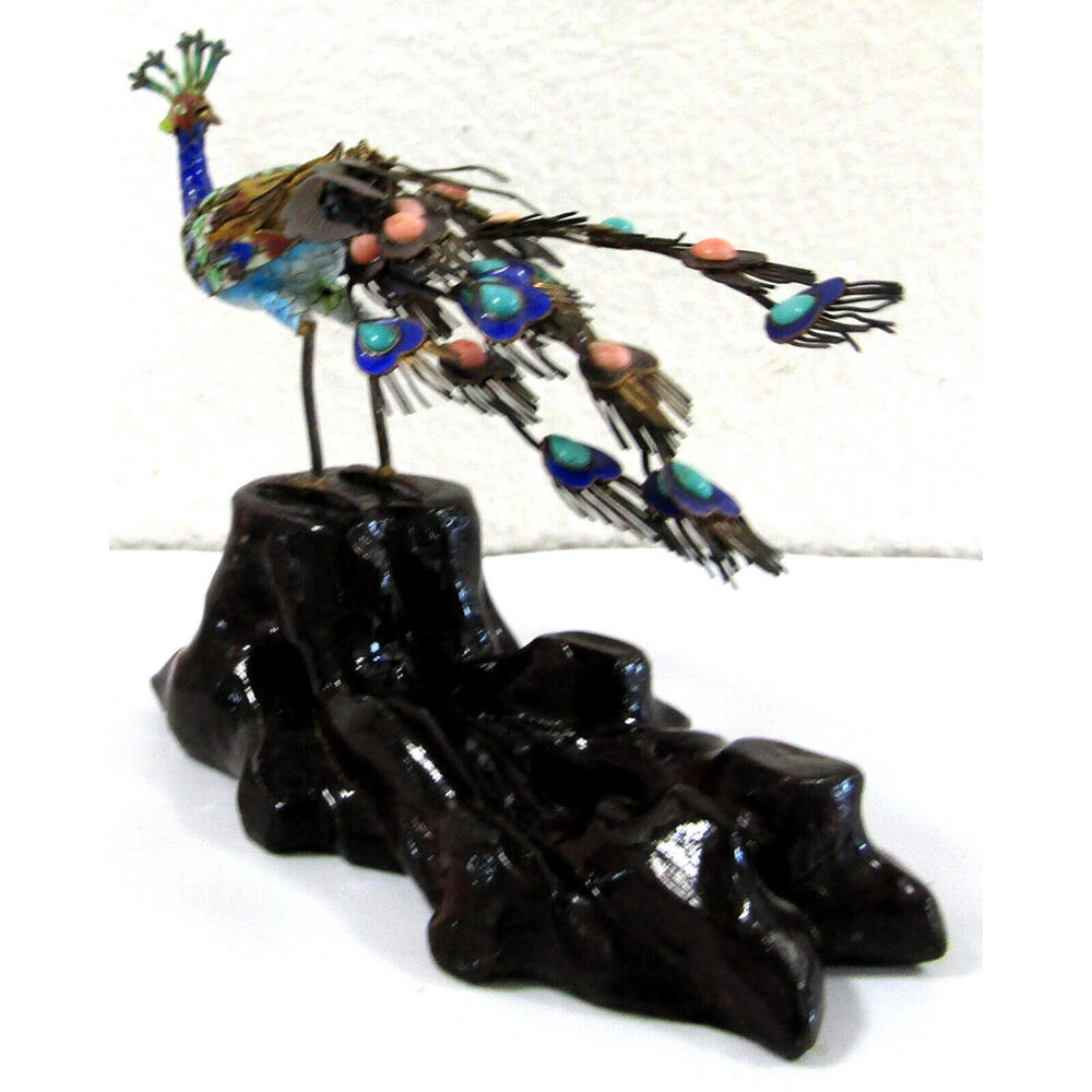 Antique Chinese Silver Gilt Cloisonne Jeweled Peacock Bird Sculpture 19th C. - Picture 9 of 16